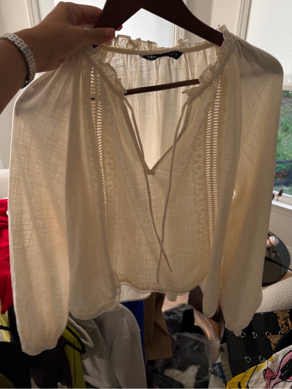 Zara Boho Tie-Front Peasant Blouse - Cream